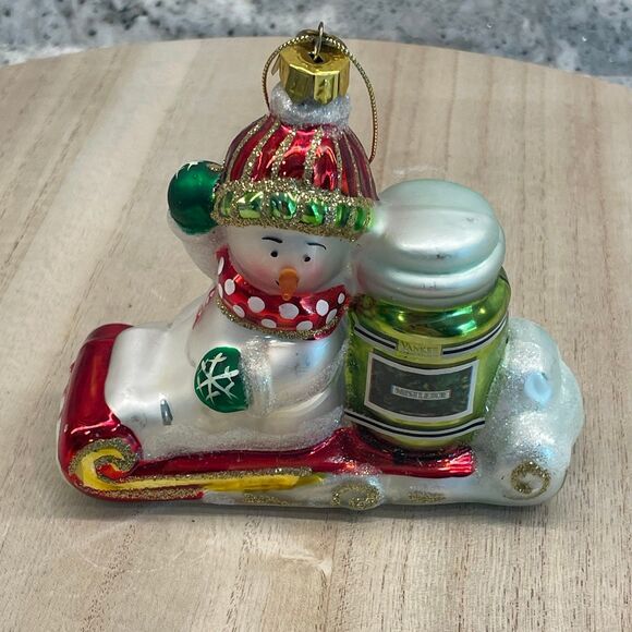 Christmas Blown Glass Style Ornament Snowman on Sled w/ Yankee Candle 2004 - Picture 2 of 8